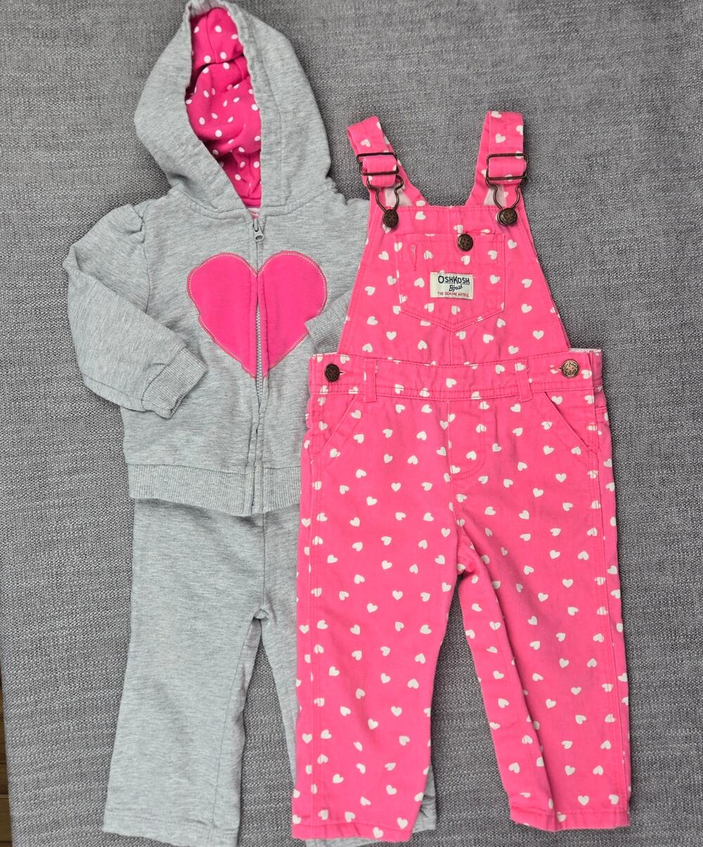 OshKosh Bgosh Pink Heart Overalls & Carters Gray Heart Hoodie Track Pants Set